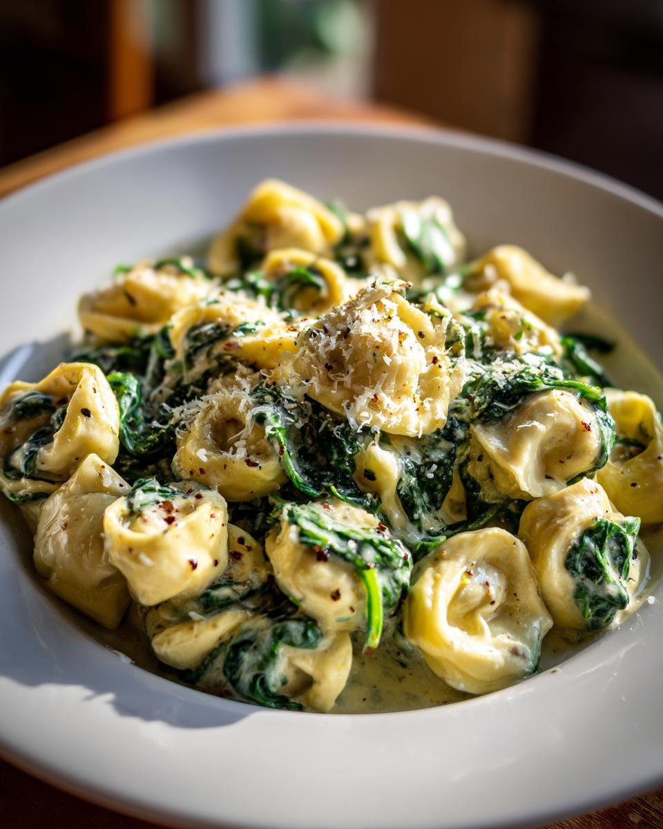 A close-up of Irresistibly Creamy Tortellini With Spinach Recipe, garnished with Parmesan cheese and red pepper flakes.