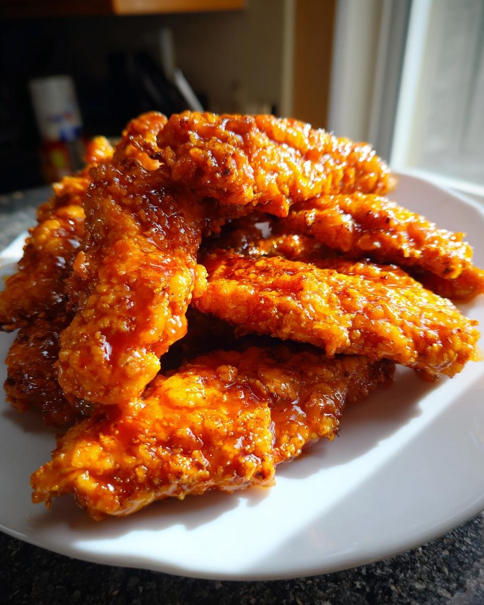 A pile of golden, crispy buffalo chicken tenders coated in a shiny, bright orange sauce, served on a white plate.