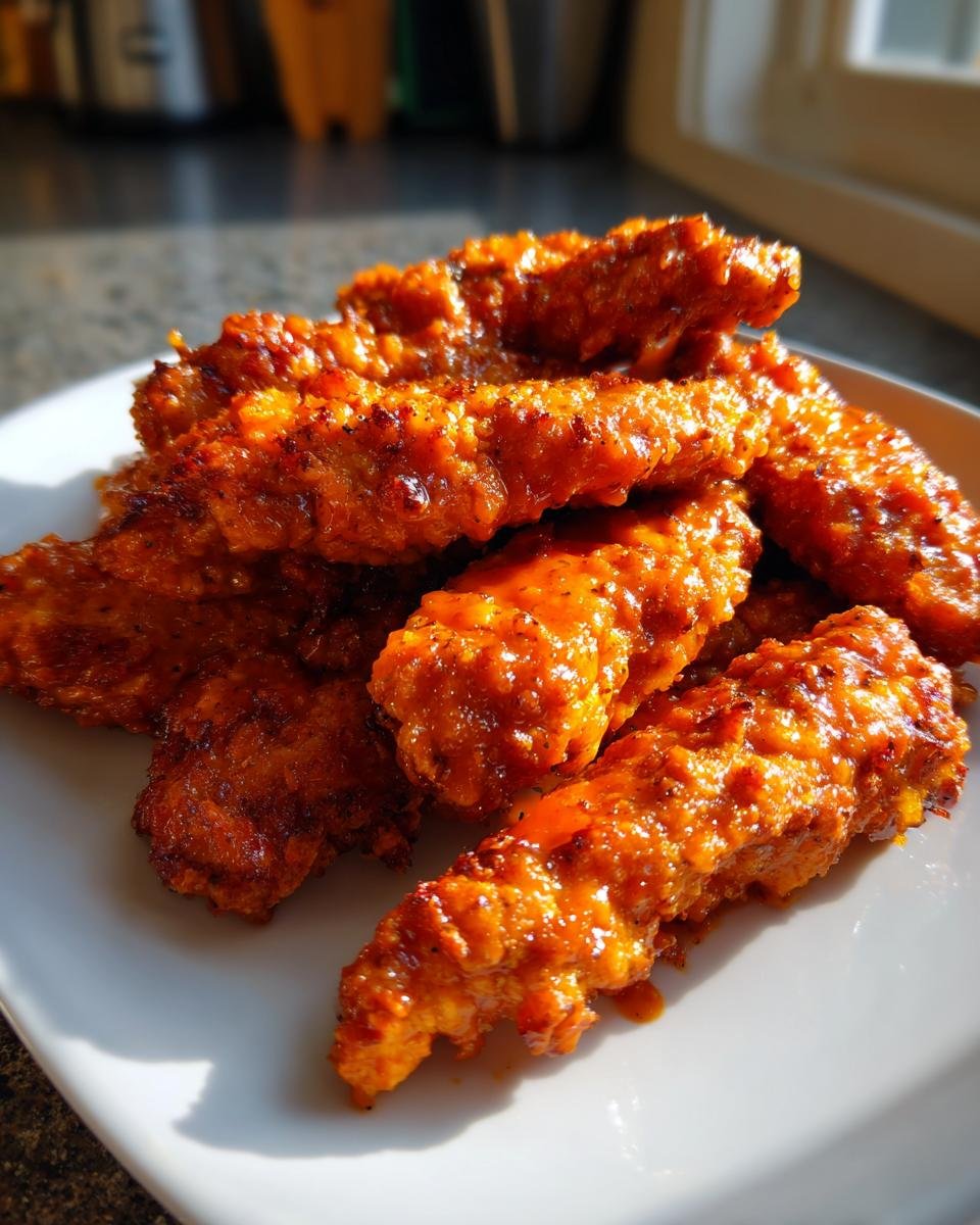 A close-up of several golden-brown, sauce-coated Crispy Buffalo Chicken Tenders piled on a white plate.