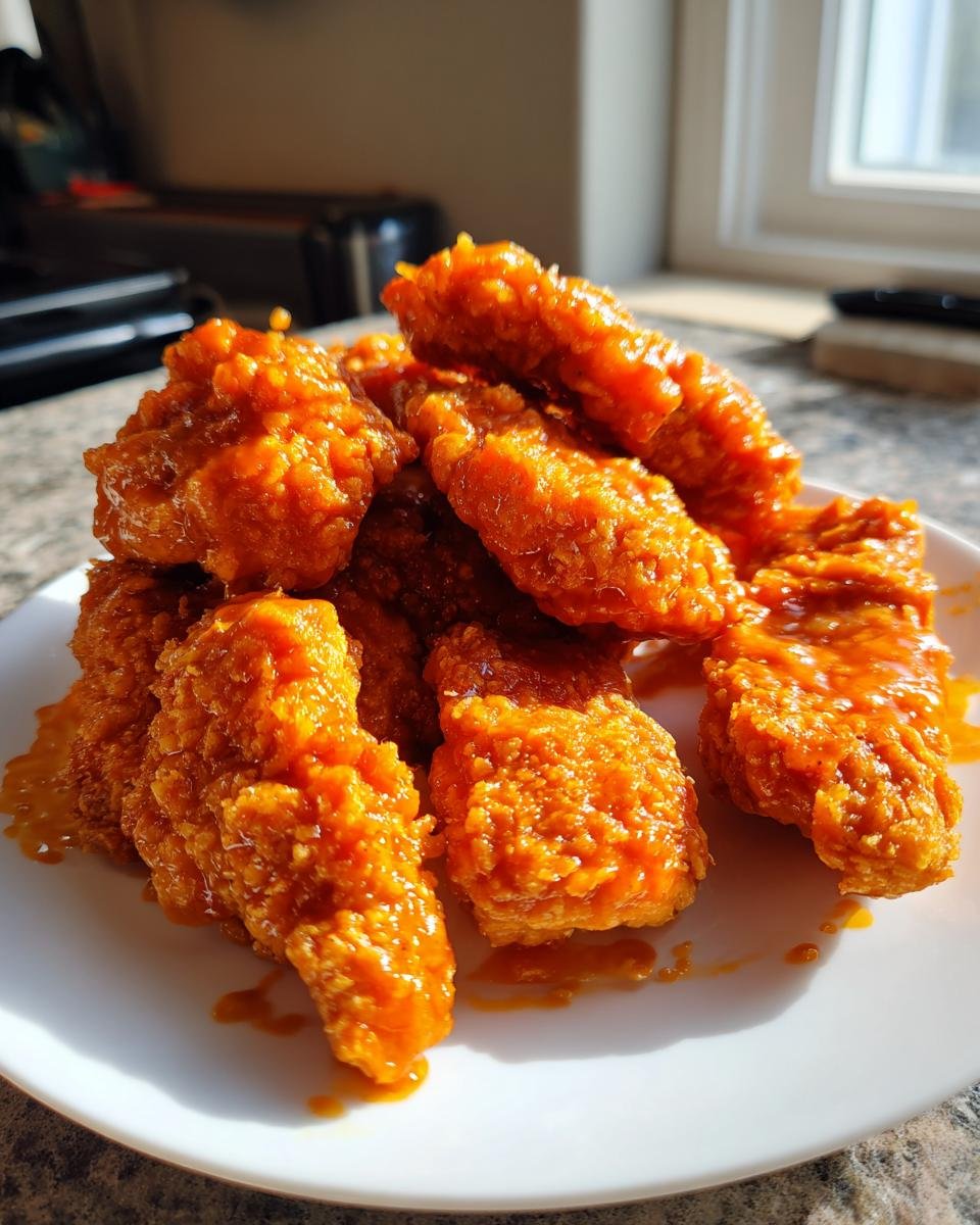 A pile of golden, crispy buffalo chicken tenders heavily coated in bright orange buffalo sauce on a white plate.