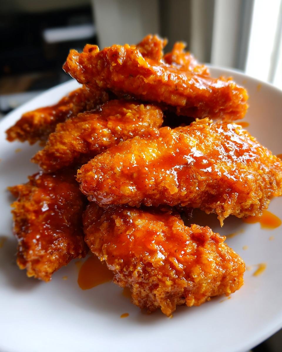 A pile of golden, crispy buffalo chicken tenders generously coated in bright orange buffalo sauce.