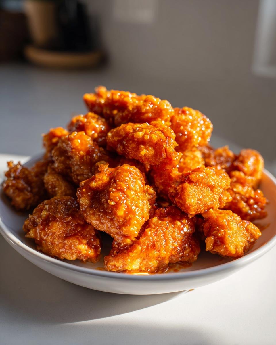 A close-up of a white bowl piled high with shiny, orange-glazed Crispy Buffalo Popcorn Chicken pieces.