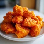 A close-up shot of a pile of bright orange, glazed Crispy Buffalo Popcorn Chicken pieces on a white plate.