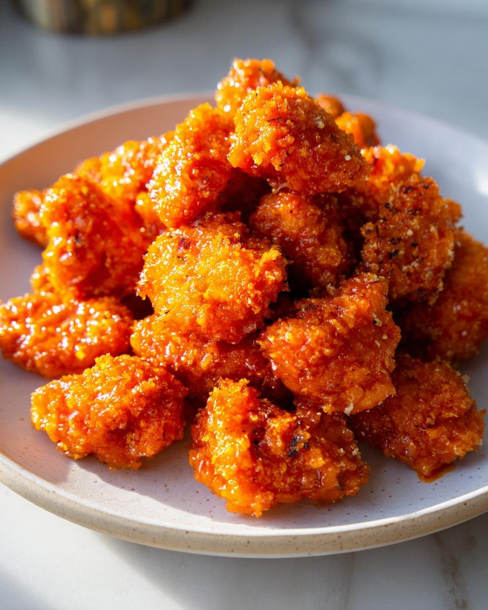A close-up of a mound of bright orange, saucy Crispy Buffalo Popcorn Chicken pieces piled high on a light-colored plate.