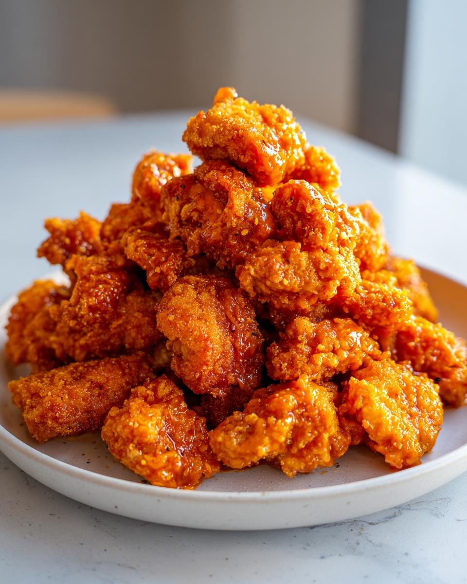 A large pile of glistening, crispy buffalo popcorn chicken bites stacked high on a white plate.