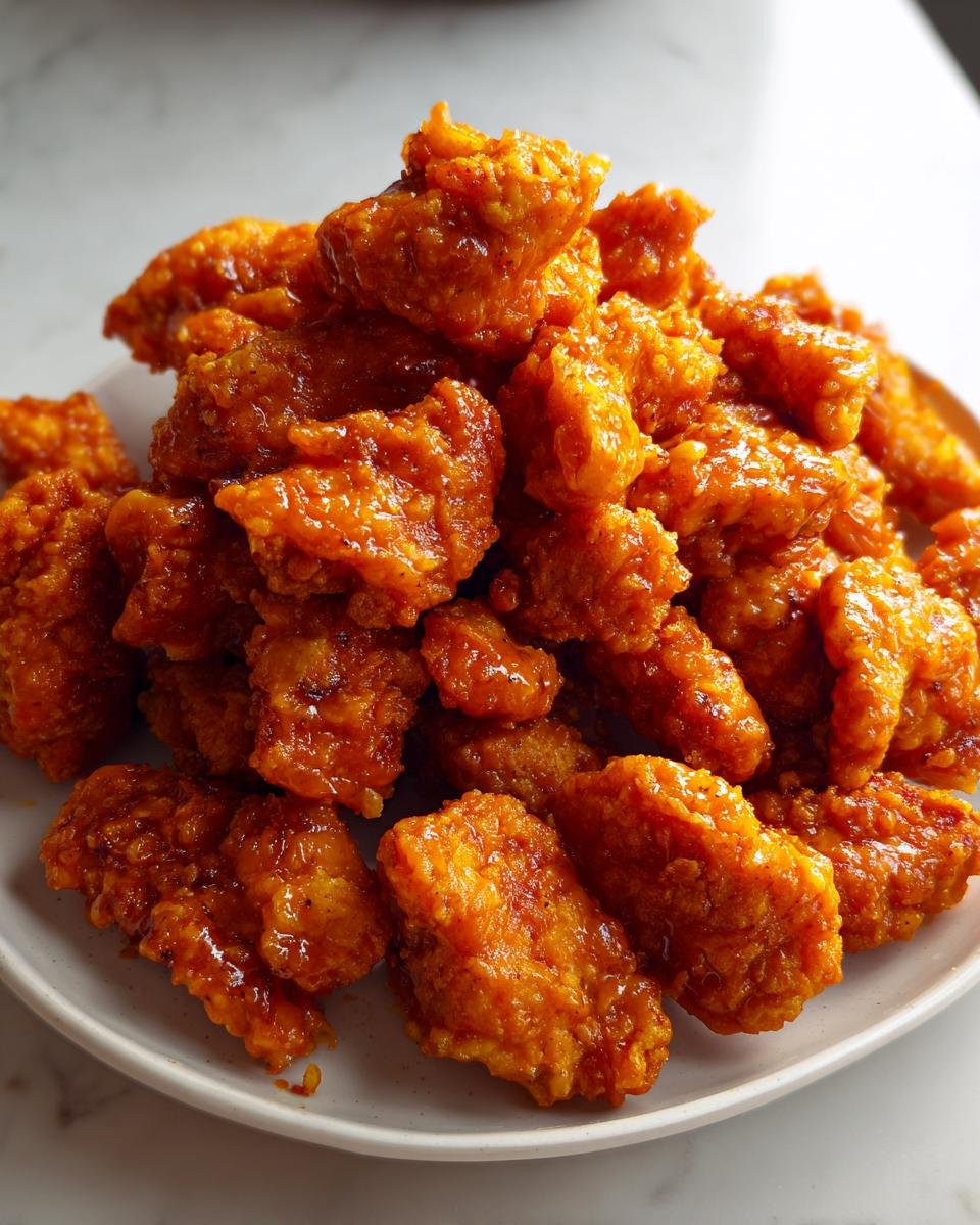 A generous pile of golden-brown, sauce-coated Crispy Buffalo Popcorn Chicken served on a light gray plate.