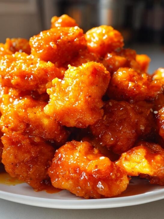 A large pile of bite-sized, crispy buffalo popcorn chicken coated in a glossy orange sauce, served on a white plate.