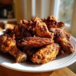 A mound of perfectly cooked, crispy Cajun dry rub chicken wings piled high on a white plate.