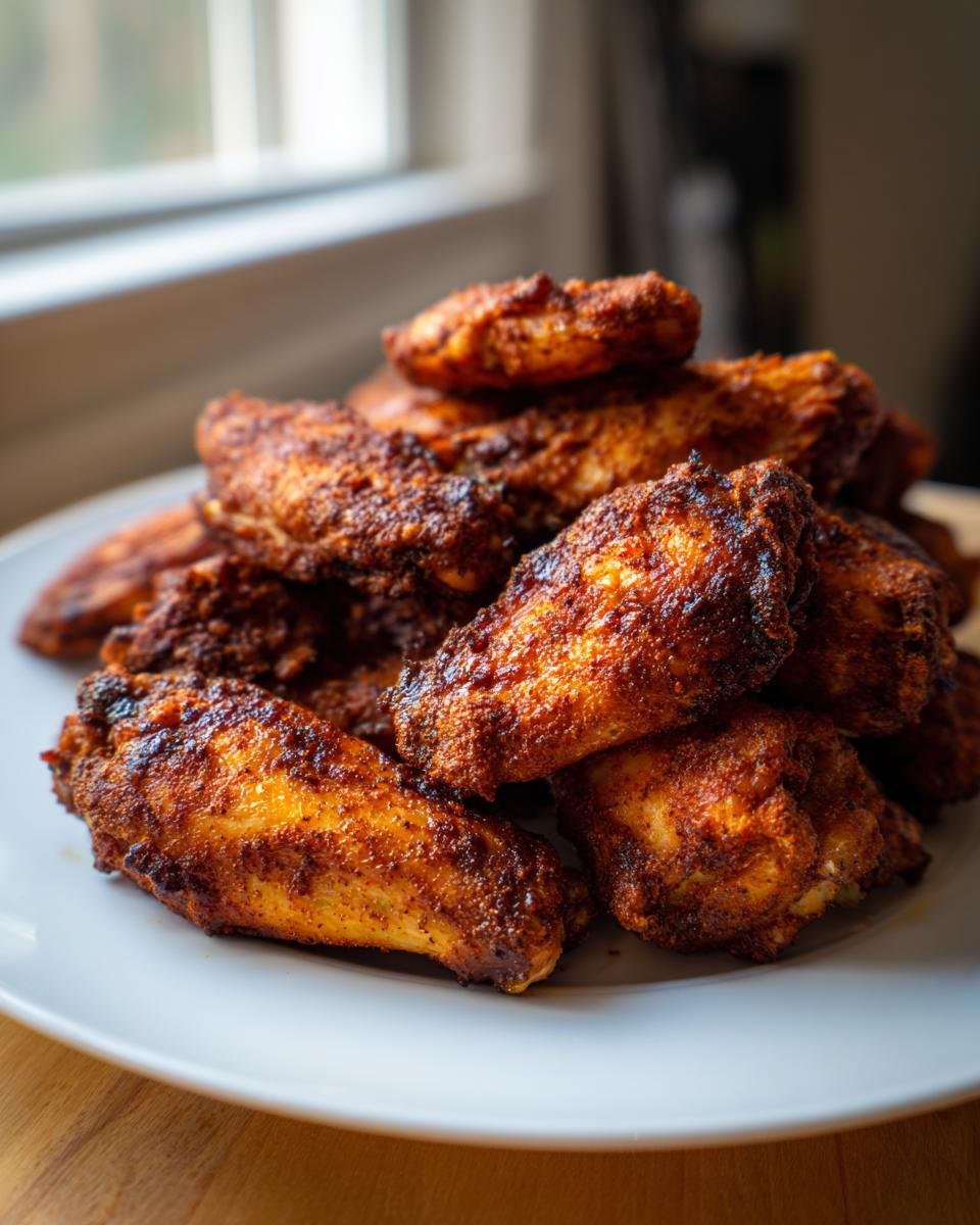 A close-up of a pile of perfectly cooked, crispy Cajun dry rub chicken wings on a white plate.
