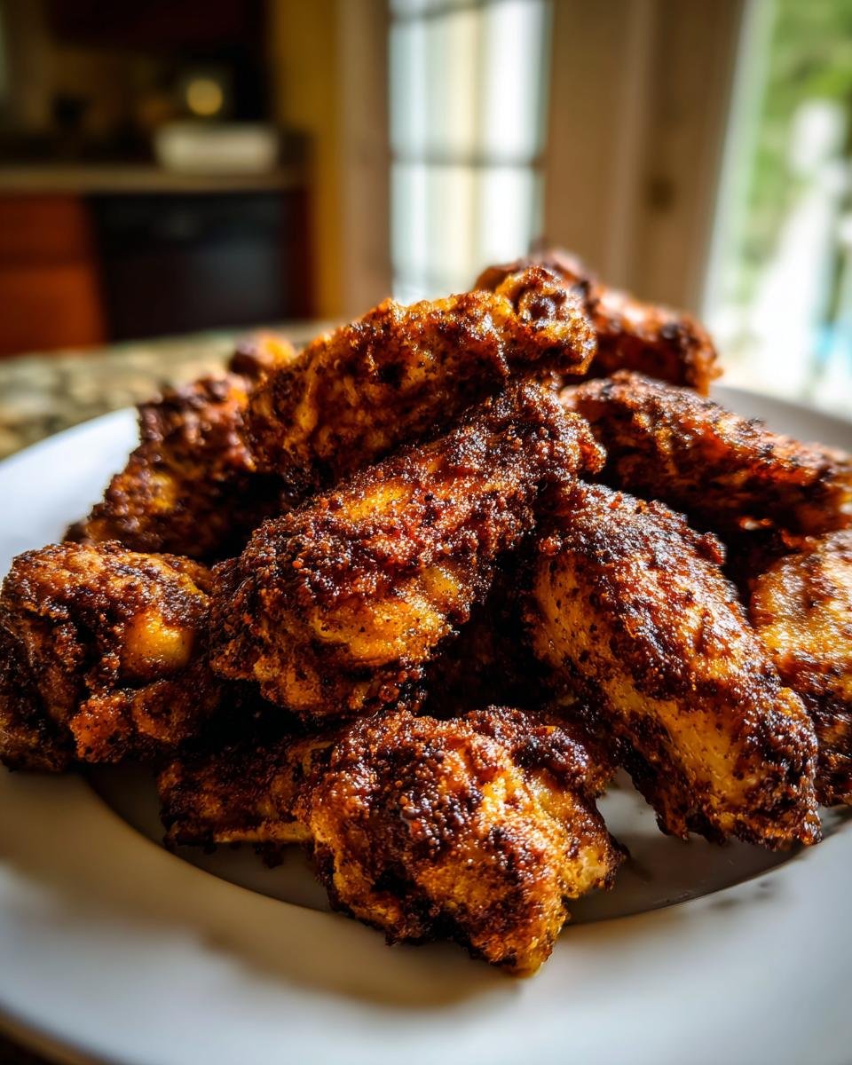 A close-up of a pile of deeply seasoned and crispy Cajun dry rub chicken wings stacked on a white plate.