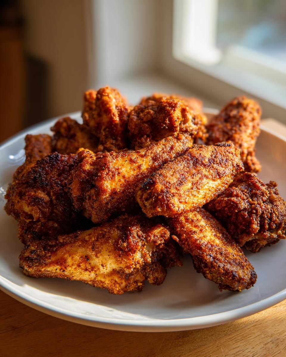A pile of golden-brown, crispy Cajun dry rub chicken wings served on a white plate.
