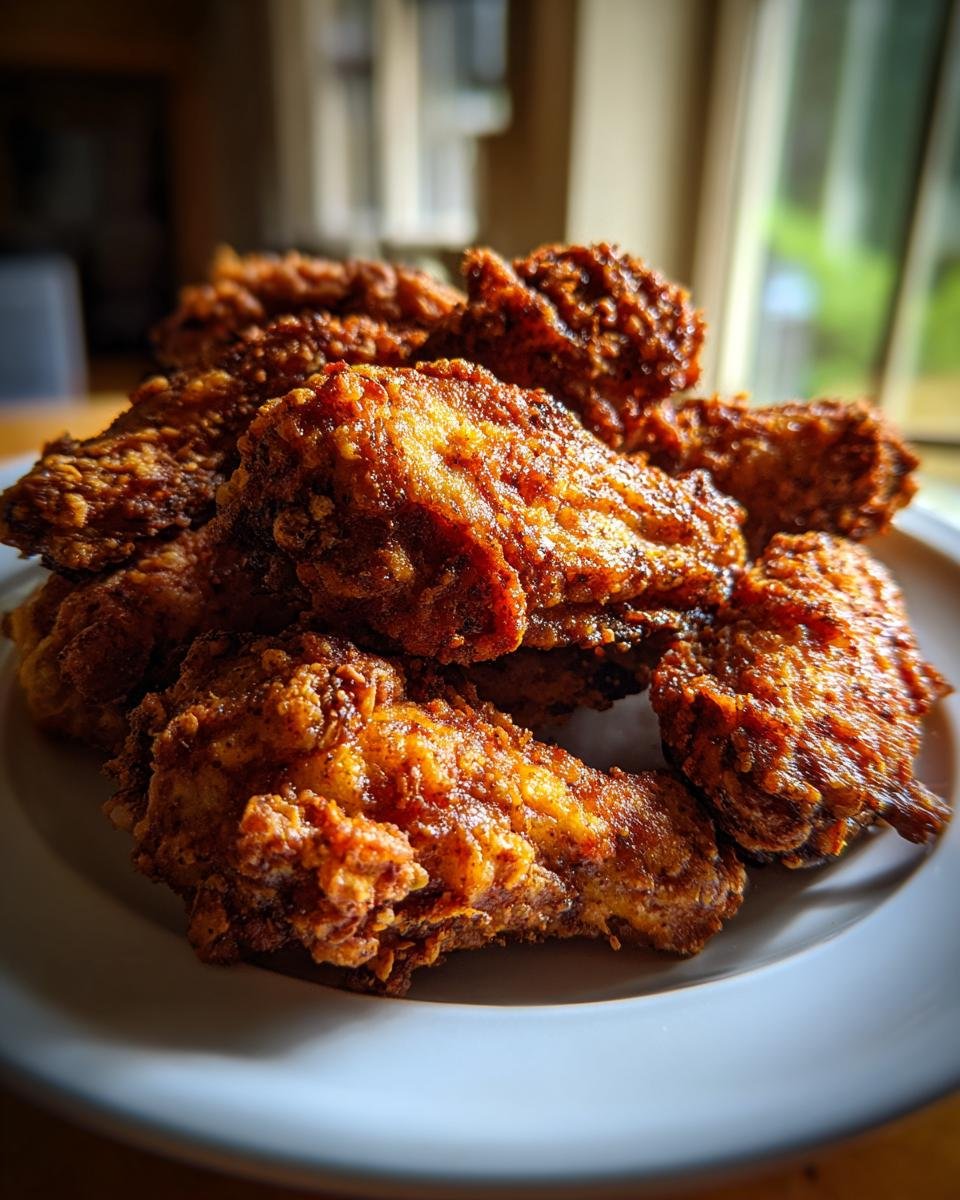 A close-up of a plate piled high with golden-brown, crispy Cajun dry rub chicken wings.