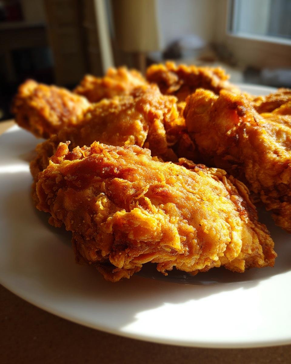A close-up of golden brown, crispy country fried chicken pieces piled on a white plate.