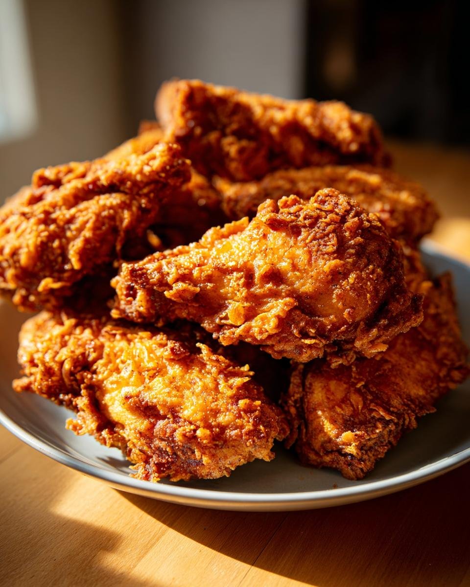 A close-up of a pile of golden brown, crispy country fried chicken pieces on a plate.