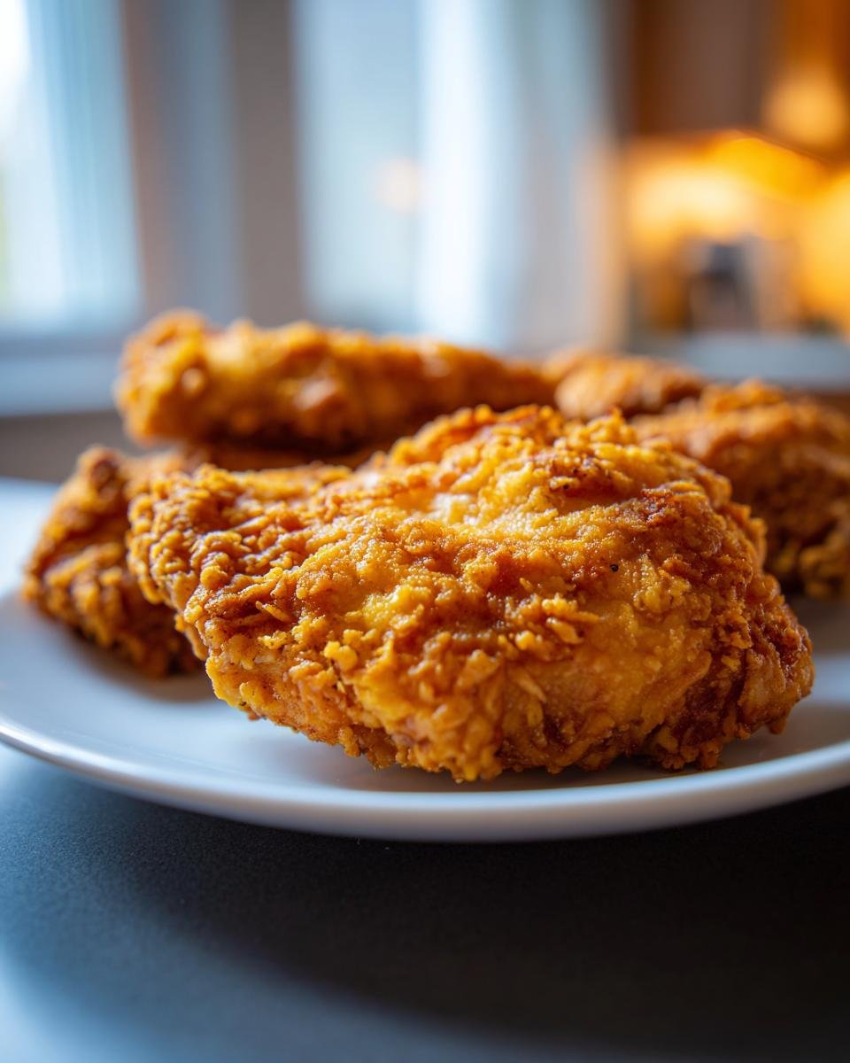 Close-up of golden brown, crispy country fried chicken pieces on a white plate, ready to be served.