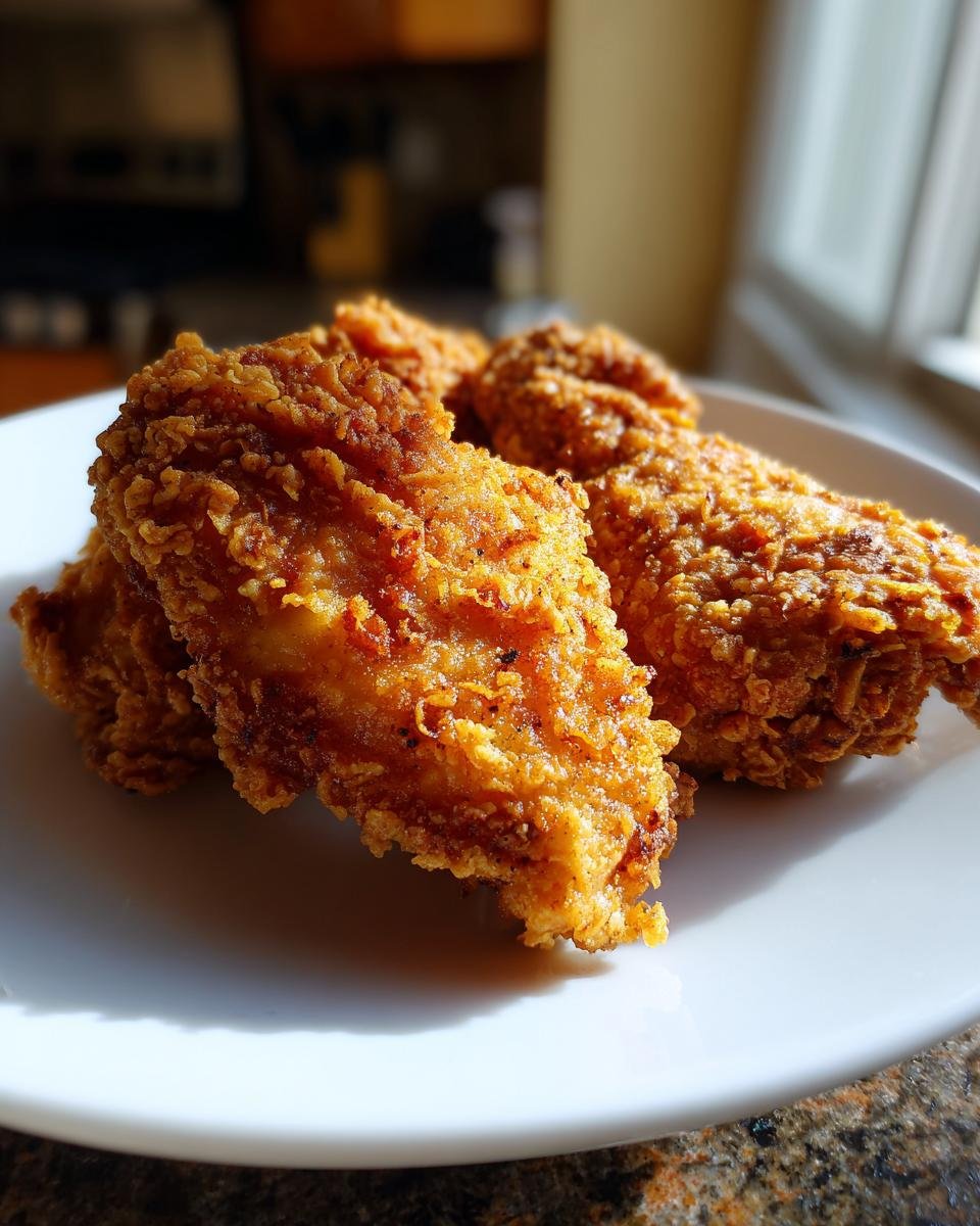 Close-up of three golden-brown, crispy country fried chicken pieces on a white plate.