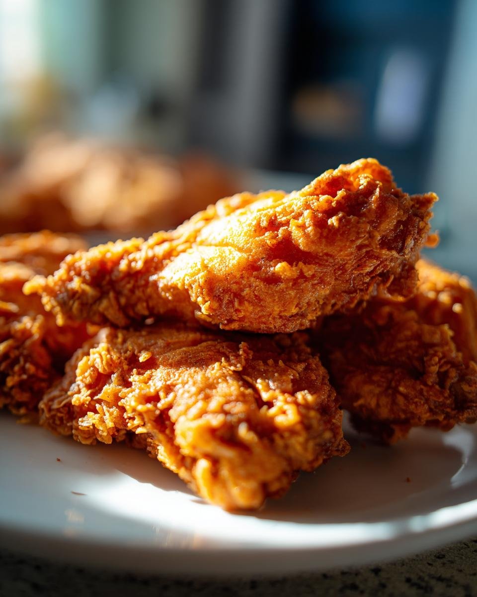 Close-up of golden brown, crispy country fried chicken pieces stacked on a white plate.