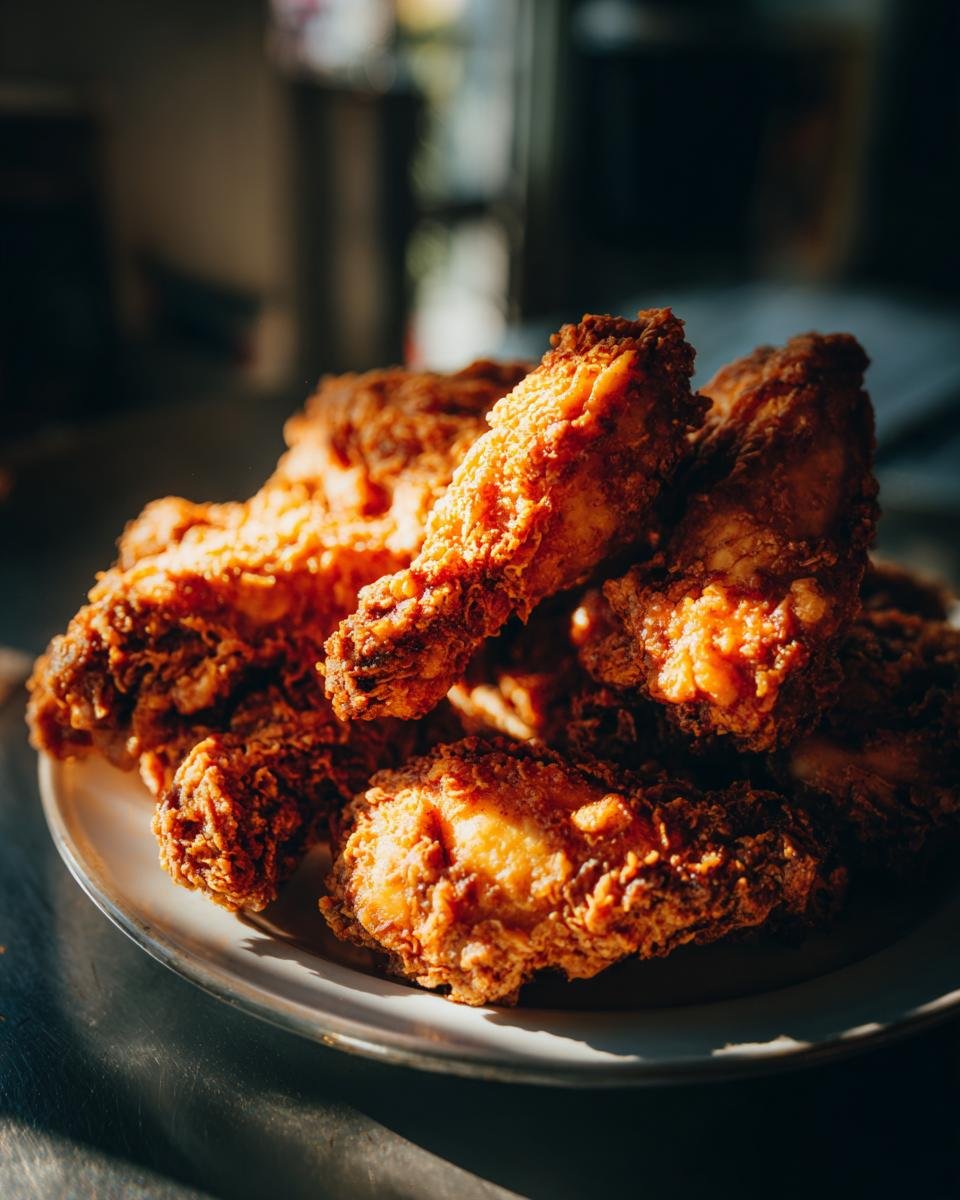 A close-up of a pile of golden brown, crispy country fried chicken pieces on a white plate.