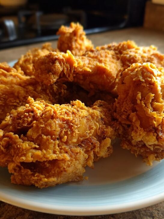 A plate piled high with golden brown, crispy country fried chicken pieces.