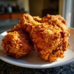 Golden brown and crispy country fried chicken pieces piled on a white plate, ready to be served.