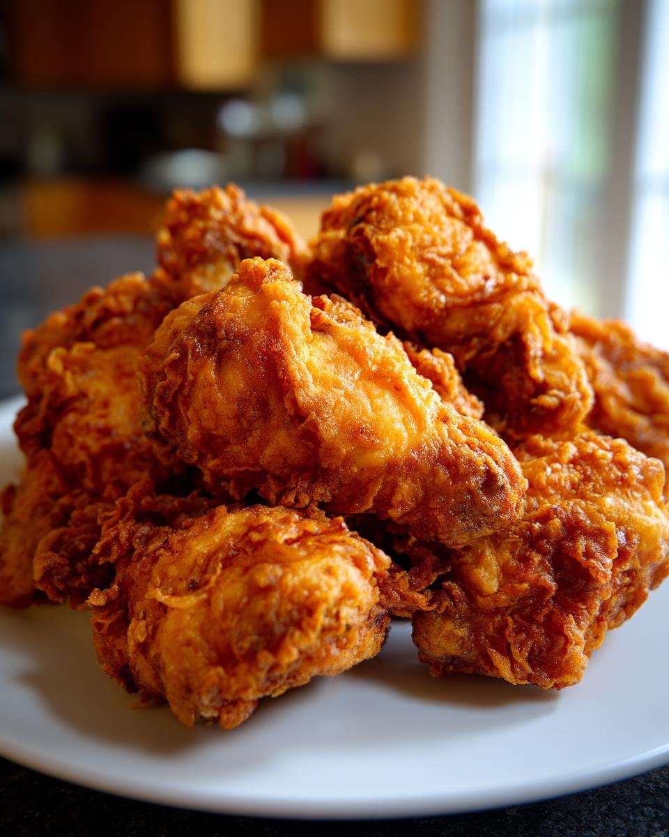 A pile of golden brown, crispy country fried chicken pieces on a white plate.