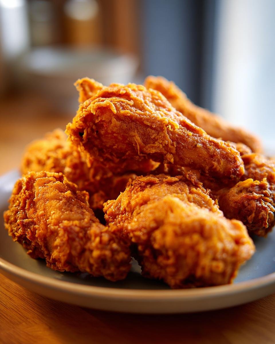A close-up of golden-brown, crispy country fried chicken pieces piled on a plate.
