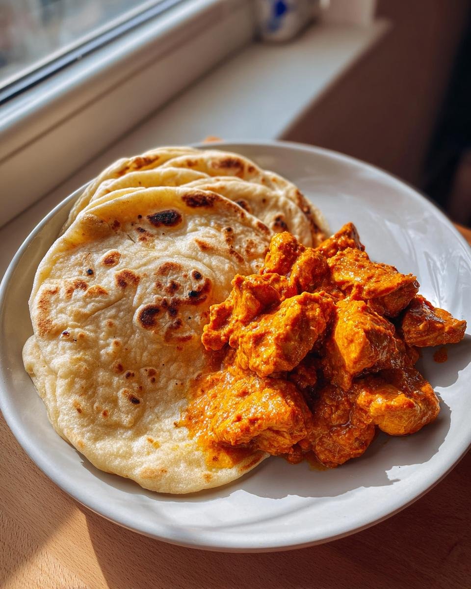 A plate featuring warm, flaky roti alongside rich, orange Curry Chicken Roti pieces in a creamy sauce.