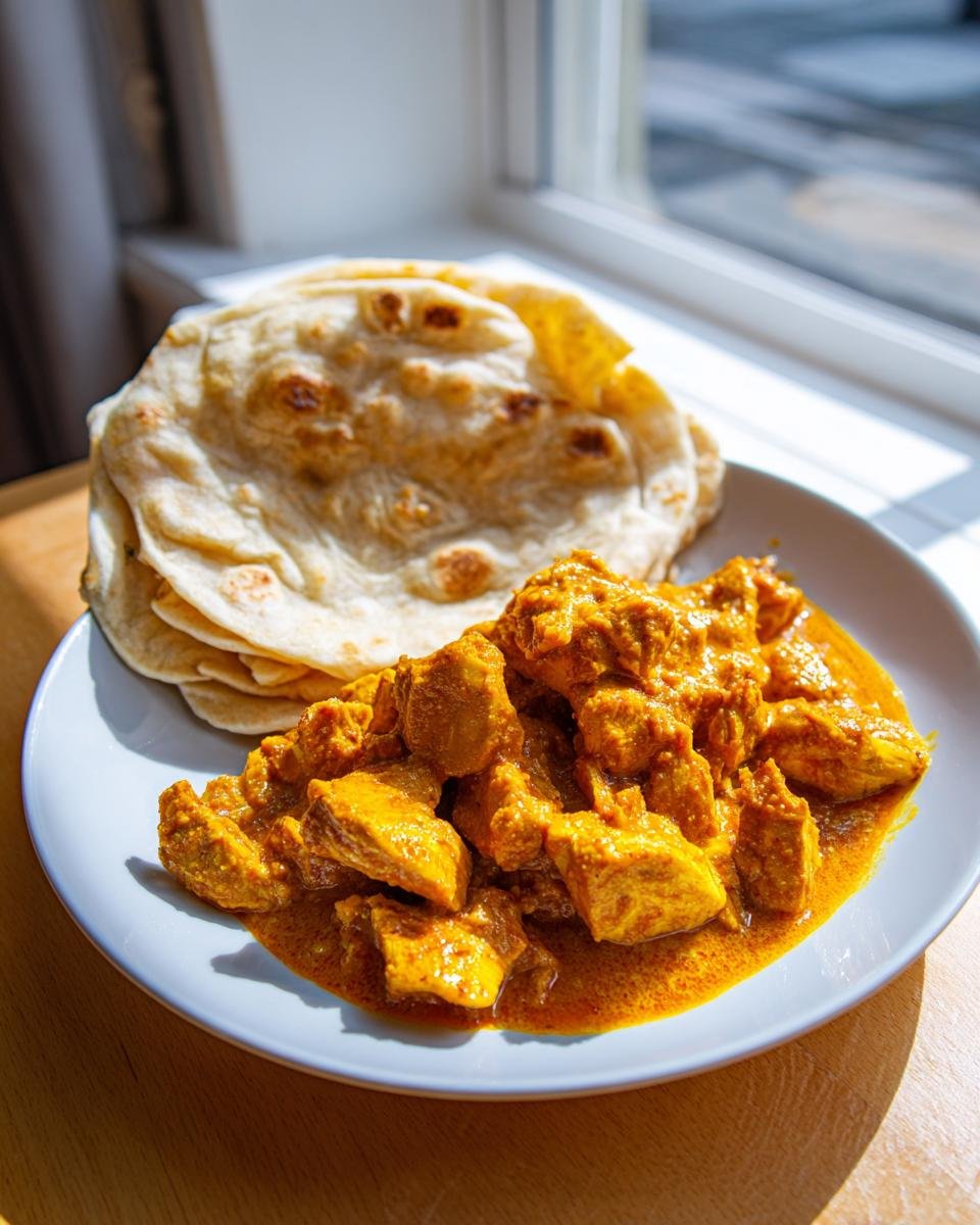 A plate featuring rich, yellow Curry Chicken Roti served alongside a stack of warm, folded flatbreads.