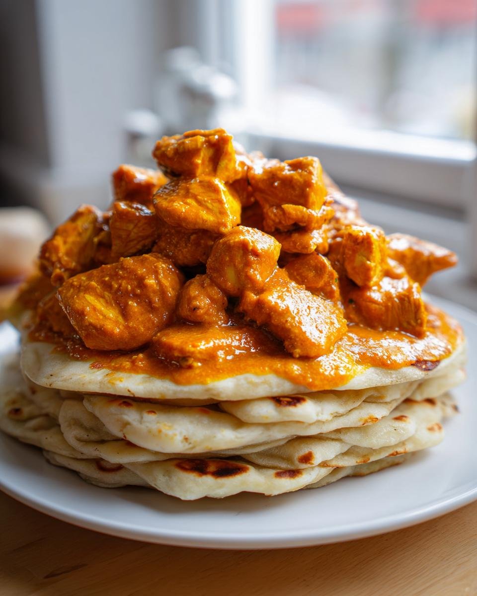 A stack of soft rotis piled high and generously topped with vibrant orange Curry Chicken.