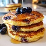 A stack of golden-brown Dairy Free Almond Blueberry Pancakes, drizzled with syrup and topped with fresh blueberries.