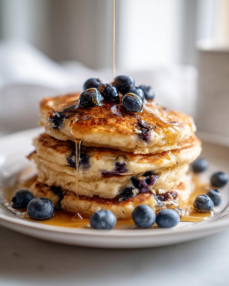 A stack of fluffy Dairy Free Almond Blueberry Pancakes topped with fresh blueberries and drizzled with syrup.