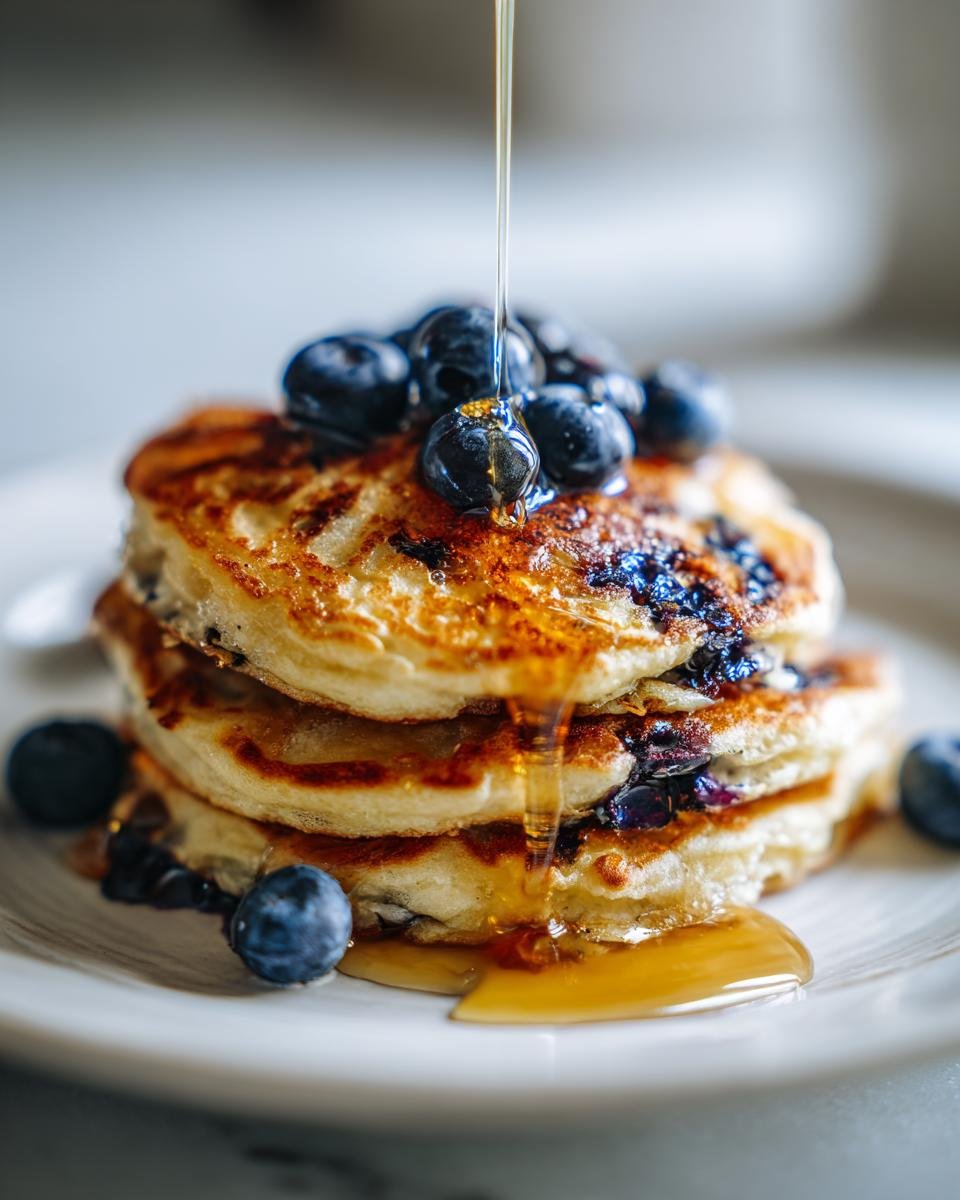 A stack of fluffy Dairy Free Almond Blueberry Pancakes being drizzled with syrup and topped with fresh blueberries.