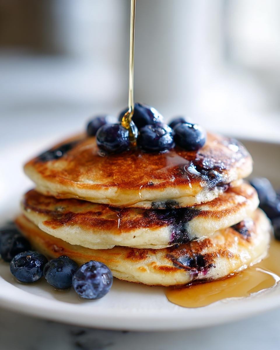 A stack of three golden Dairy Free Almond Blueberry Pancakes, topped with fresh blueberries and drizzled with syrup.