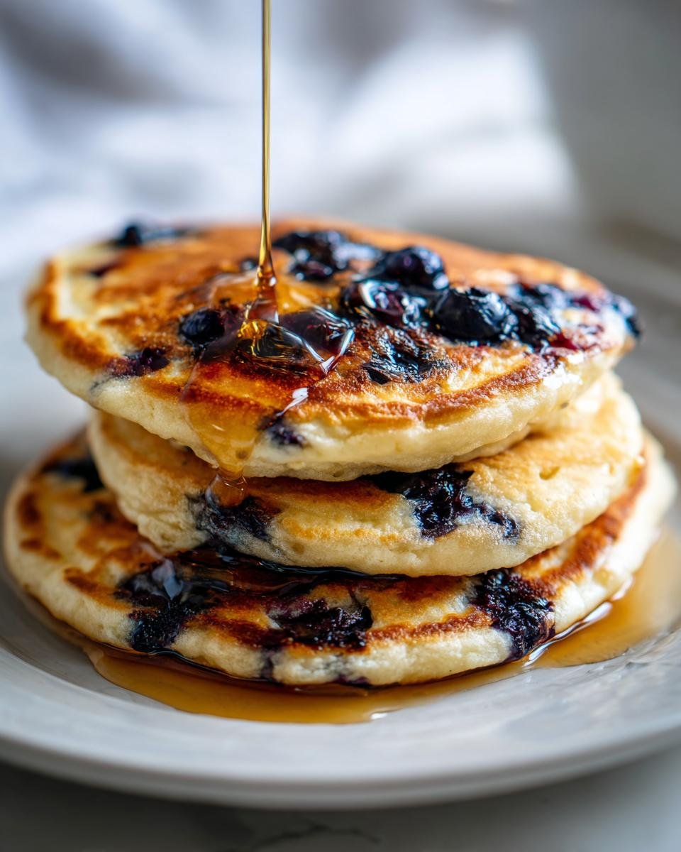 A stack of fluffy Dairy Free Almond Blueberry Pancakes being drizzled with syrup.