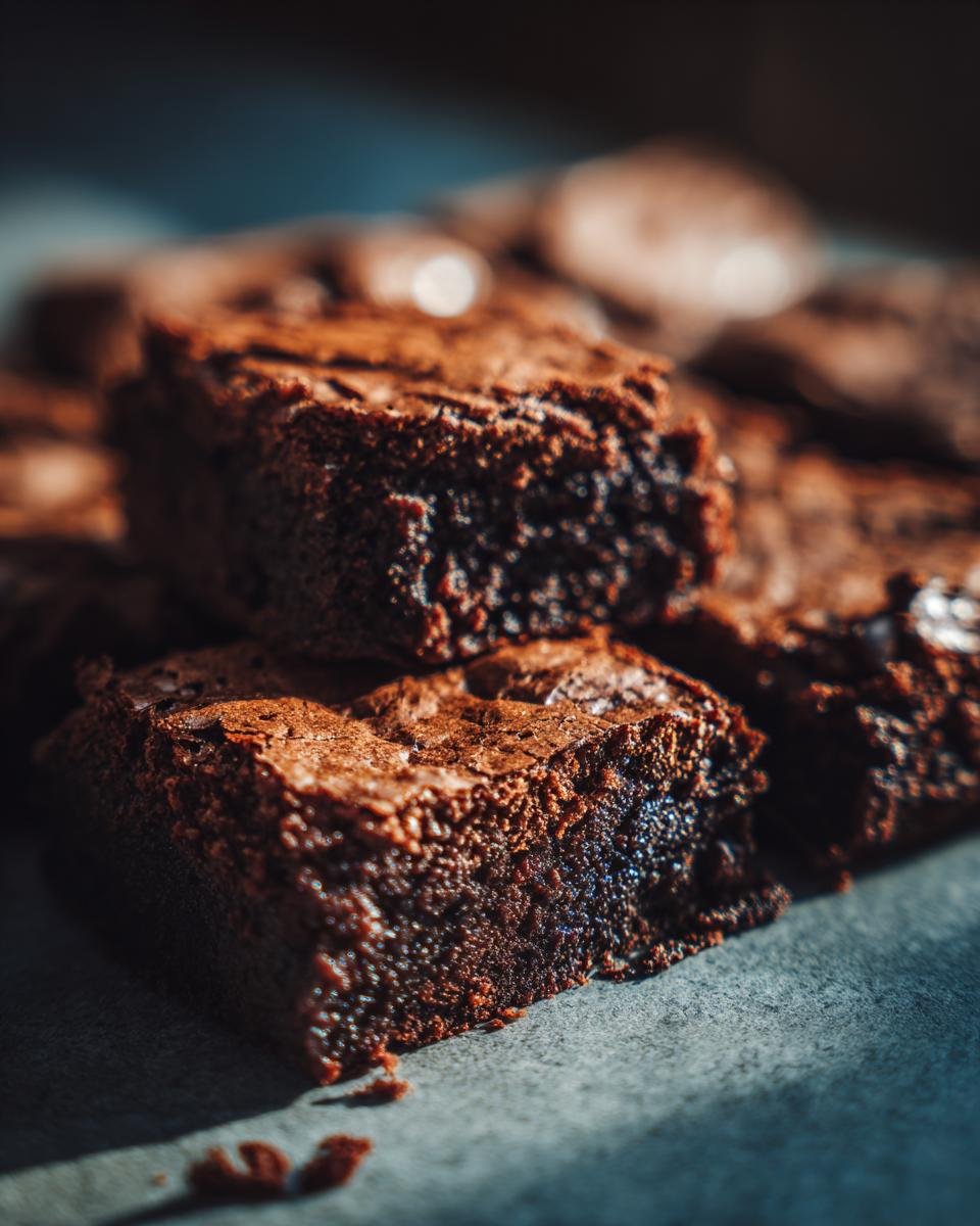 Close-up of decadent brown butter brownies, showcasing their rich texture and deep chocolate color.