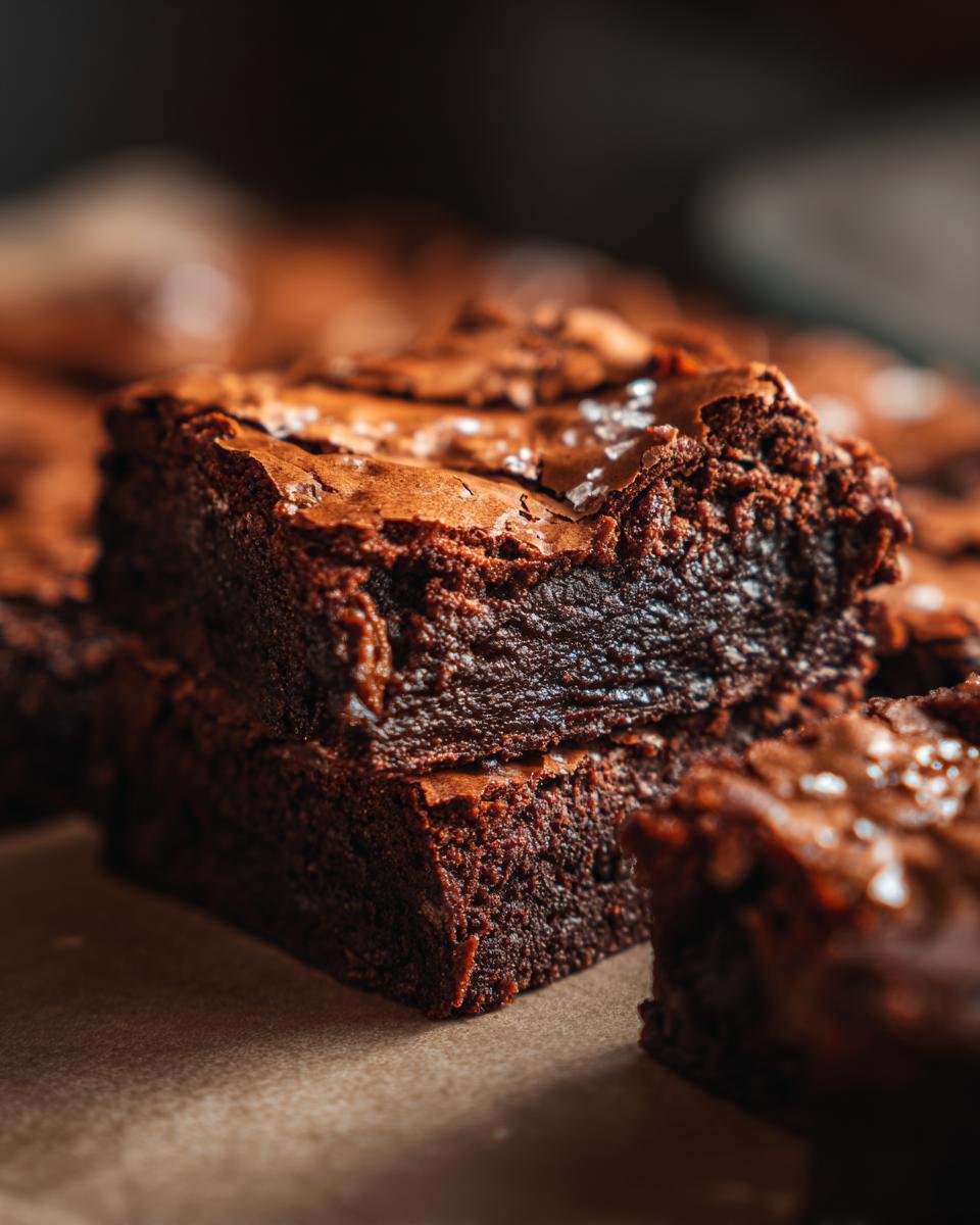 Close-up of stacked Decadent Brown Butter Brownies topped with flaky sea salt.