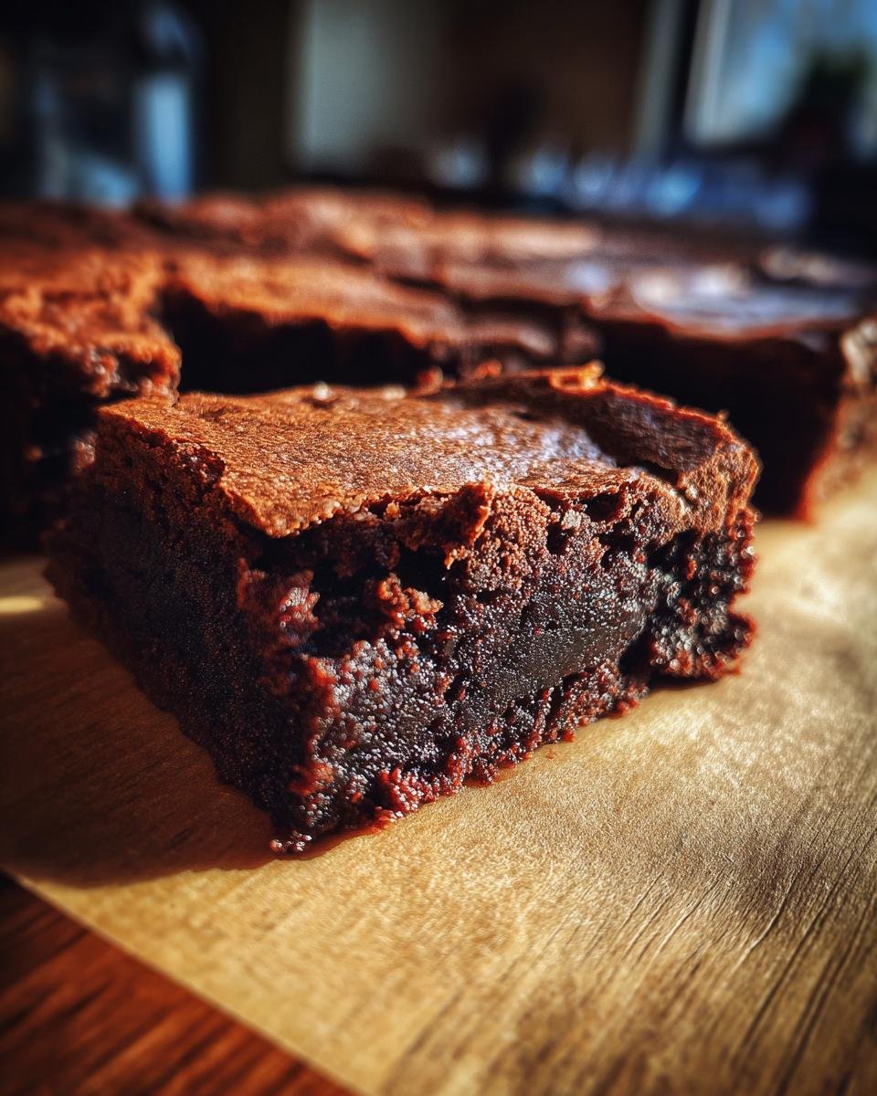 A close-up of a decadent brown butter brownie slice, showcasing its rich chocolate texture and fudgy center.
