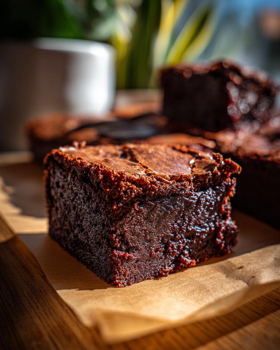 A close-up of a rich, decadent brown butter brownie slice, showcasing its fudgy texture and deep chocolate color.