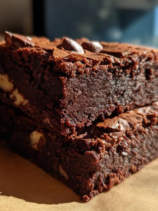 Close-up of two Decadent Brown Butter Brownies stacked, topped with chocolate chips and dusted with cocoa powder.