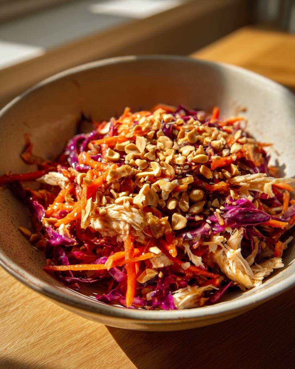 A bowl of Delicious Asian Chicken Crunch Salad with shredded chicken, cabbage, carrots, and peanuts.