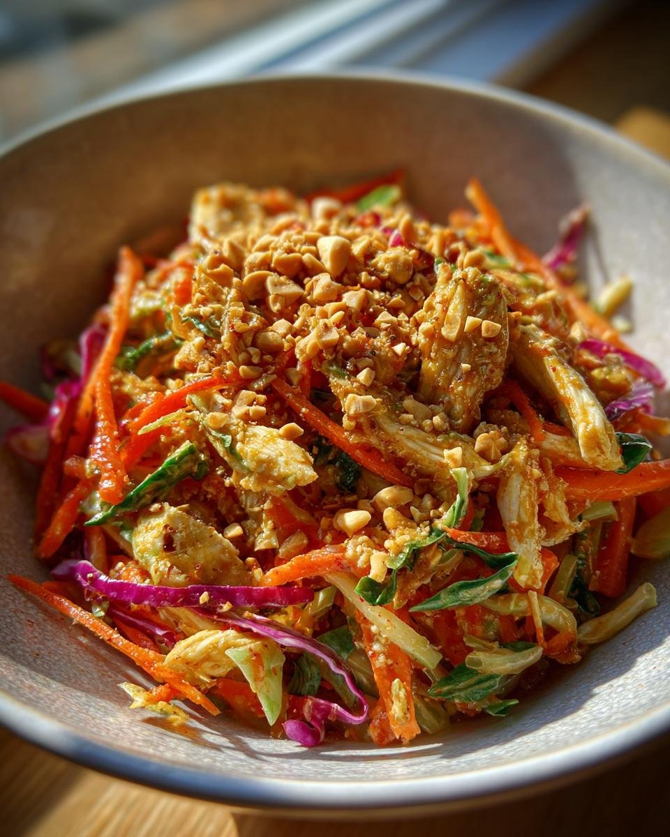 Close-up of a Delicious Asian Chicken Crunch Salad in a bowl, topped with chopped peanuts.