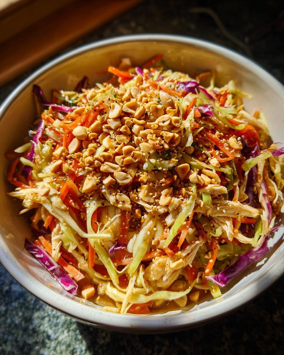 A bowl of Delicious Asian Chicken Crunch Salad topped with chopped peanuts and sesame seeds.