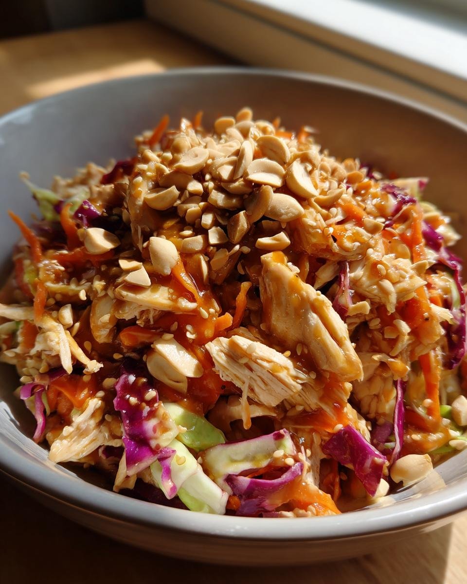 A close-up of a Delicious Asian Chicken Crunch Salad in a bowl, topped with peanuts and sesame seeds.