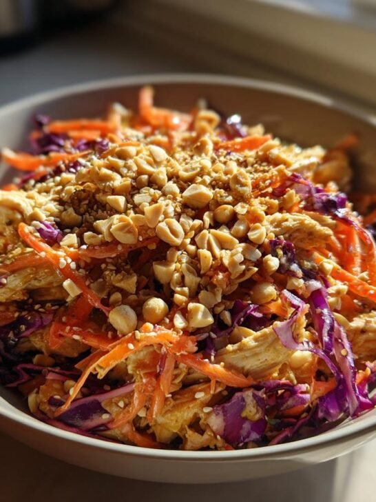 A close-up of a Delicious Asian Chicken Crunch Salad in a bowl, topped with peanuts and sesame seeds.