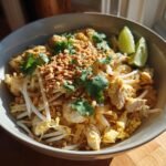 A bowl of Delicious Chicken Pad Thai, garnished with peanuts, cilantro, and lime wedges.
