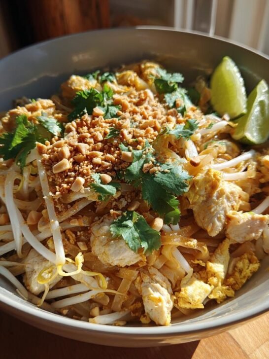 A bowl of Delicious Chicken Pad Thai, garnished with peanuts, cilantro, and lime wedges.