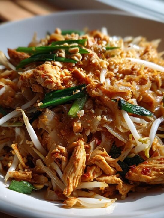 A close-up of a white bowl filled with delicious chicken Pad Thai, featuring noodles, chicken, bean sprouts, and green onions.