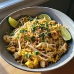 A bowl of Delicious Chicken Pad Thai, garnished with lime wedges, chopped peanuts, and fresh cilantro.