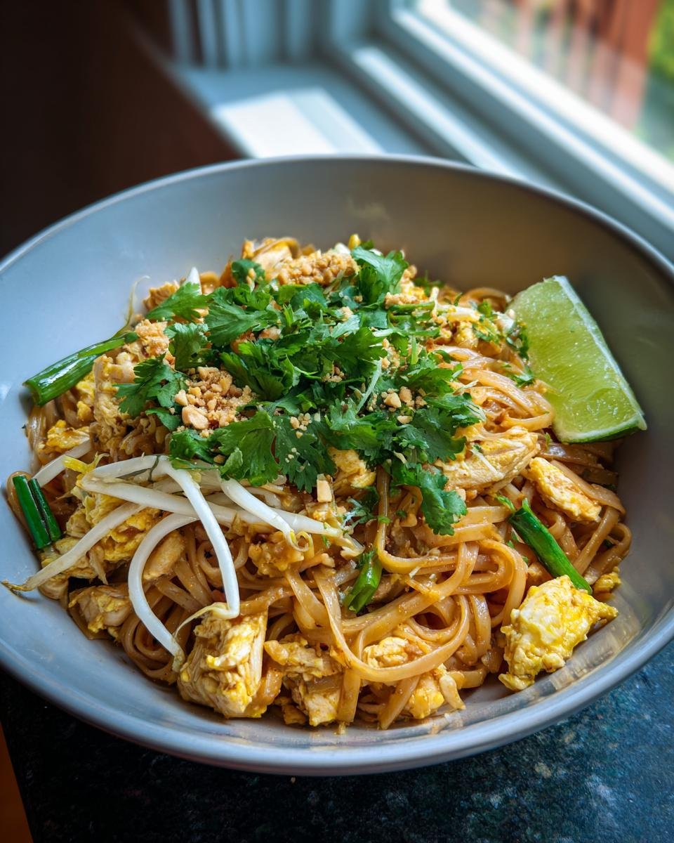 A close-up of a bowl filled with Delicious Chicken Pad Thai, featuring noodles, chicken, bean sprouts, peanuts, and a lime wedge.