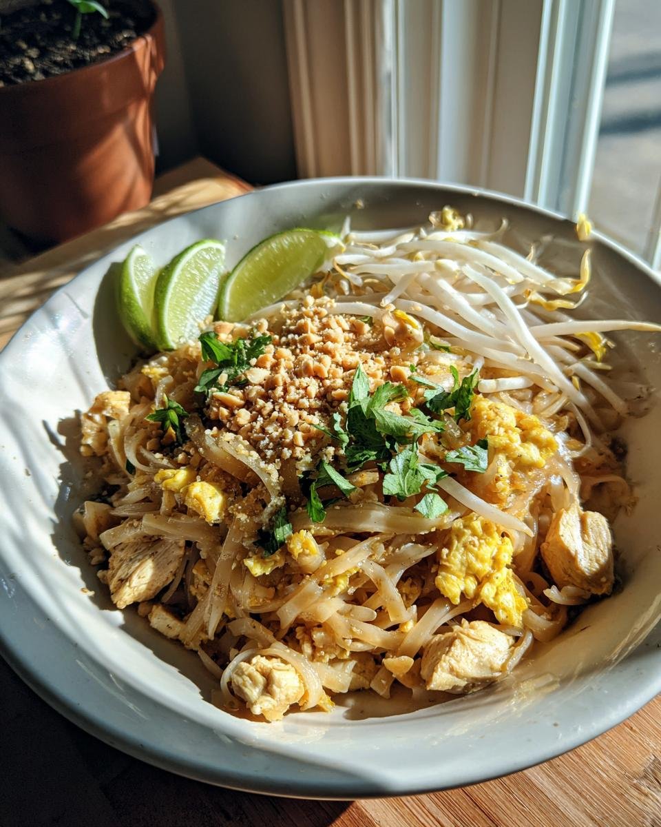 A bowl of Delicious Chicken Pad Thai, garnished with crushed peanuts, cilantro, lime wedges, and bean sprouts.